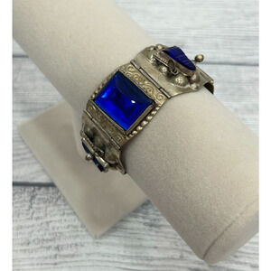 Taxco Mexico Womens Sapphire Blue Panel Link Warrior Sterling Silver Bracelet